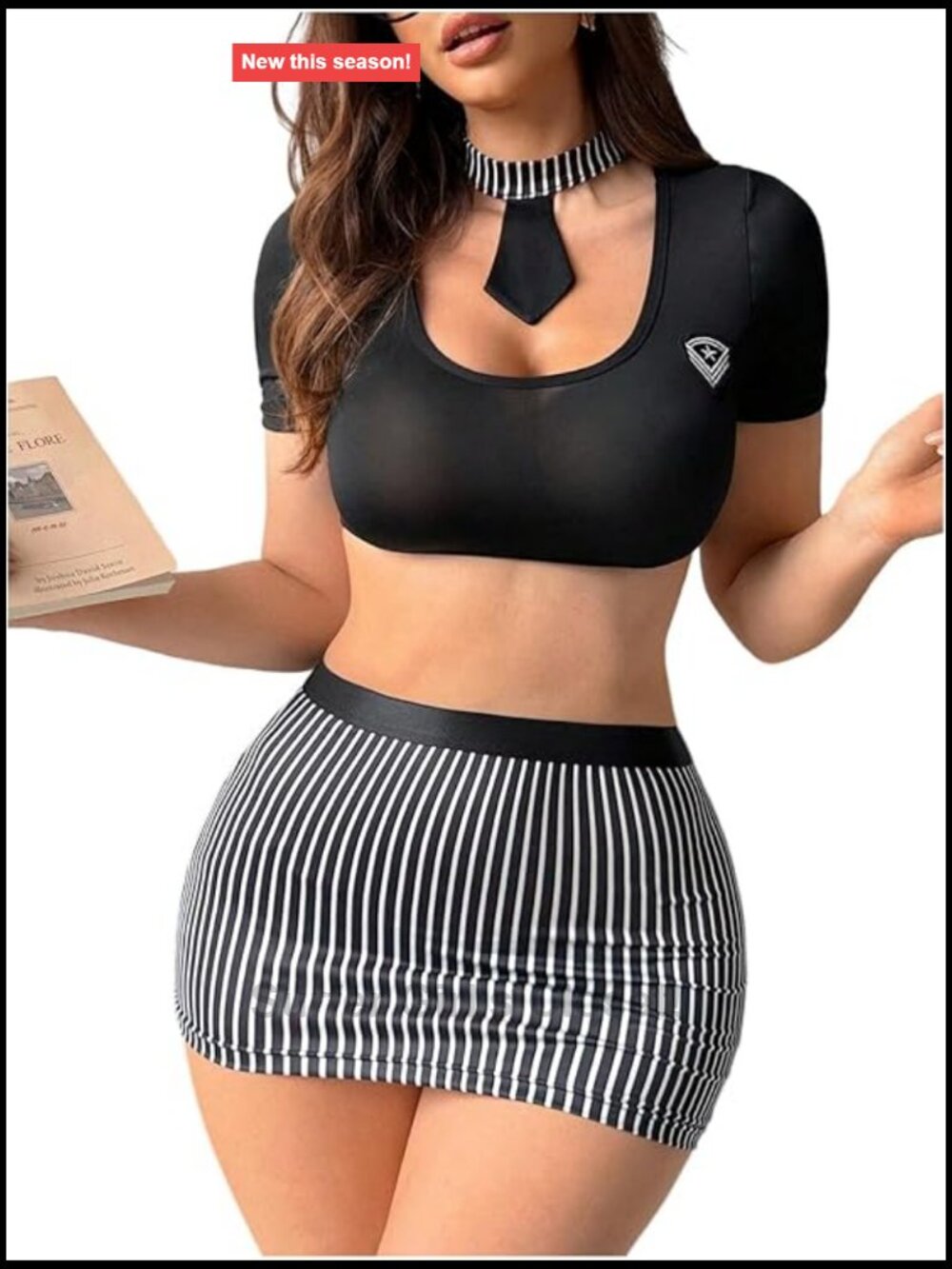 Sexy Teacher Costume Lingerie 3pc Crop Top Skirt Set Halloween Cosplay